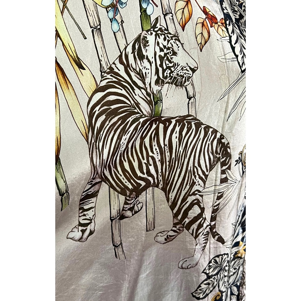 Printed Button-Front Blouse in Beige with Teal & Black Accents - Picture 11 of 13